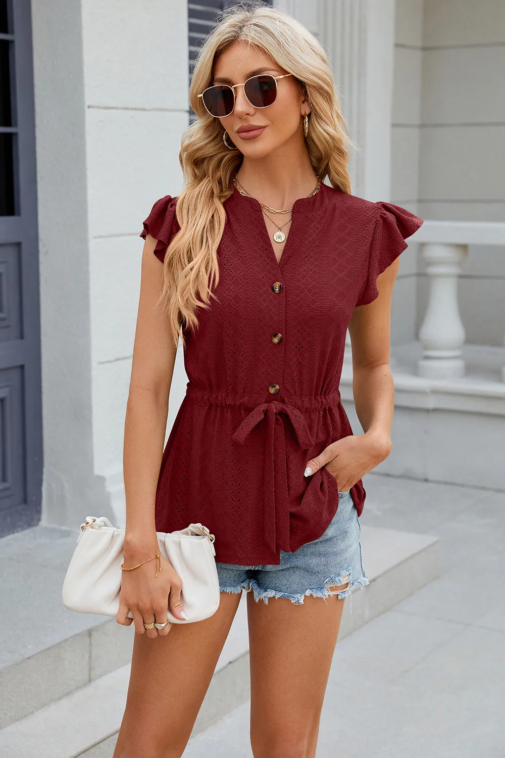 Eyelet Notched Cap Sleeve Blouse, image 5