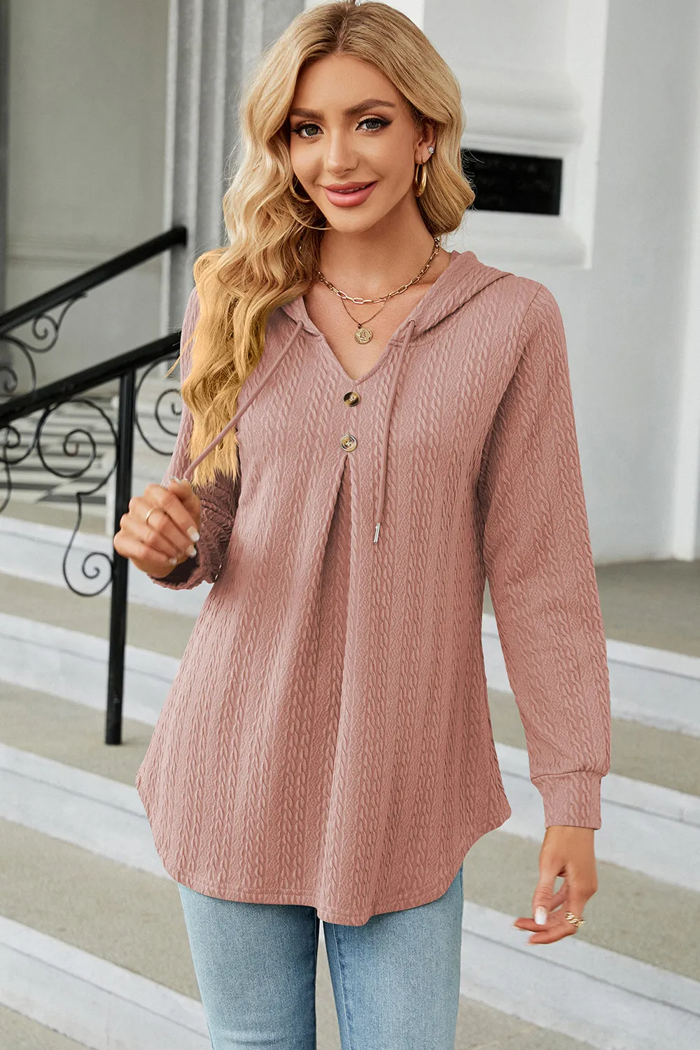 Decorative Button Drawstring Long Sleeve Hoodie, image 20