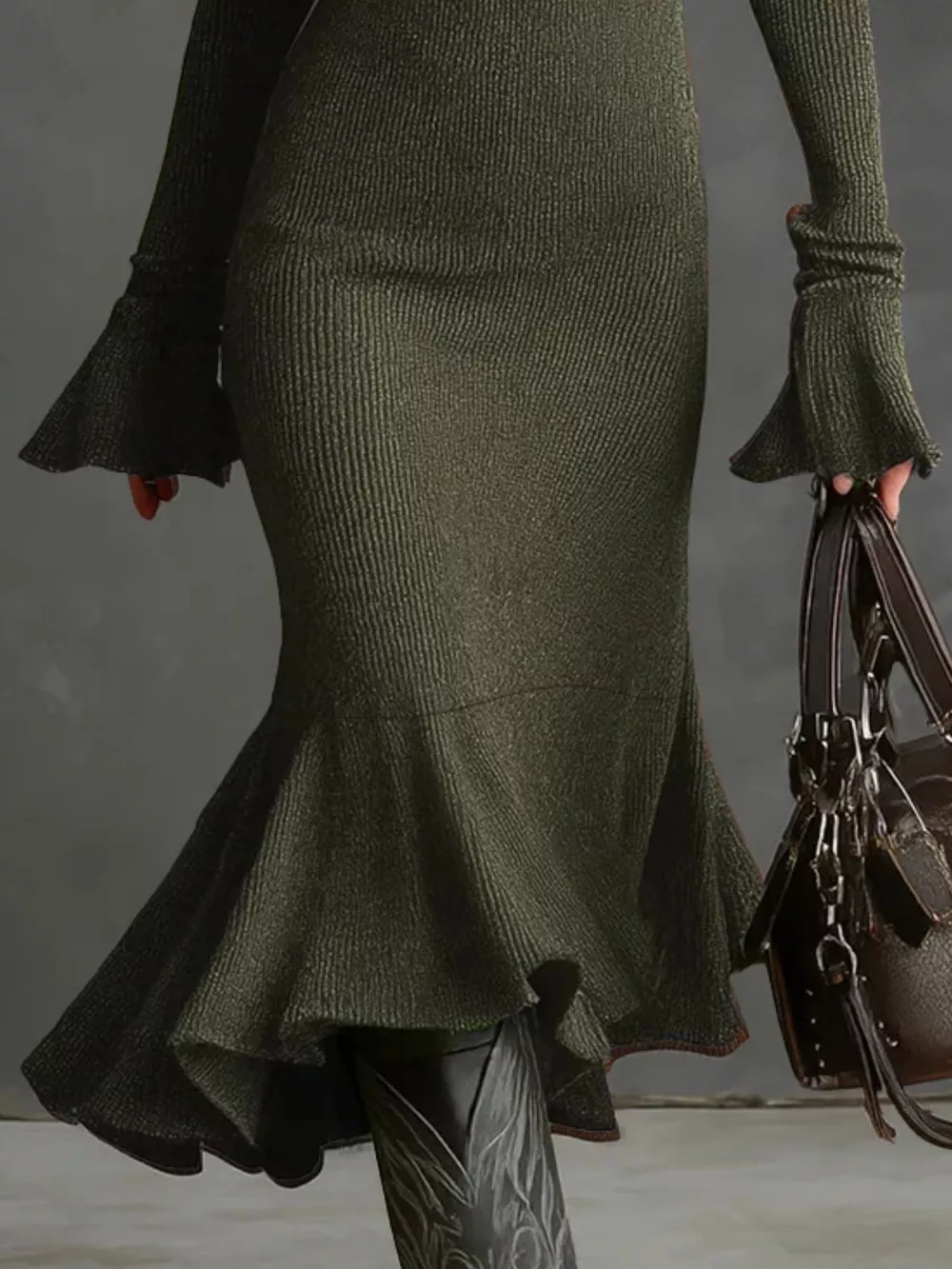 Ribbed Knit Zip Front Flare Hem Midi Dress, image 13