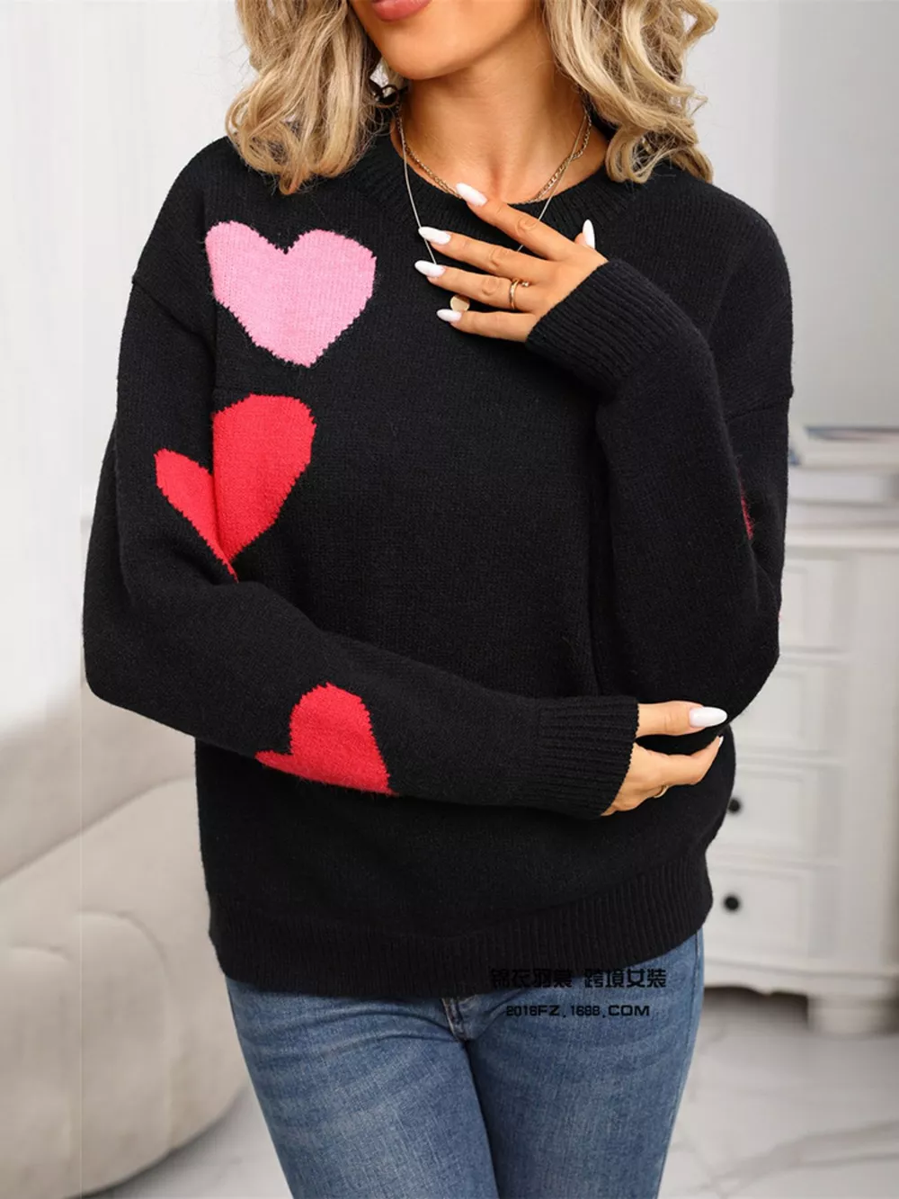 Valentine's Day Heart Pattern Round Neck Sweater, image 12