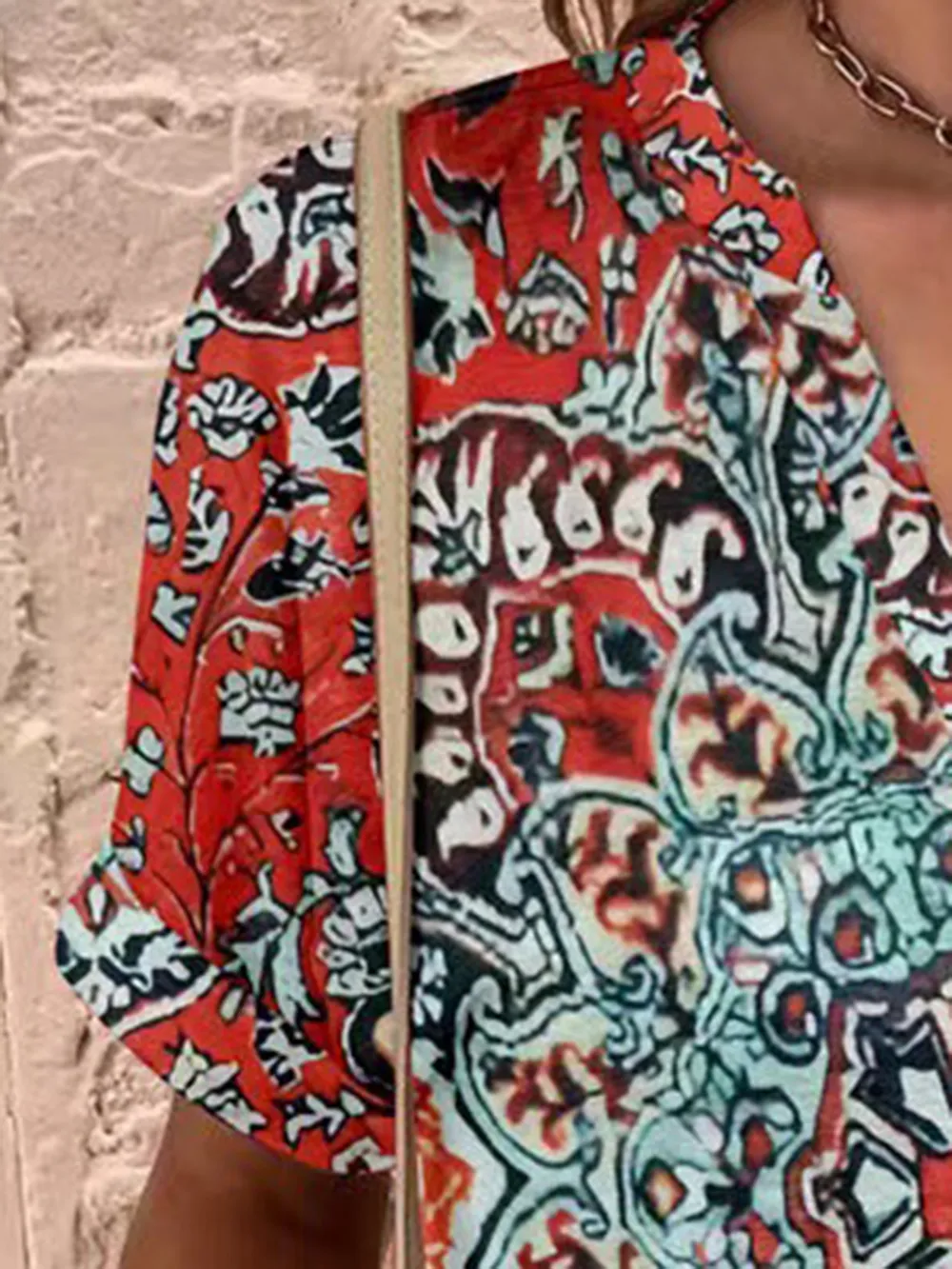 Full Size Printed Notched Short Sleeve Blouse, image 14
