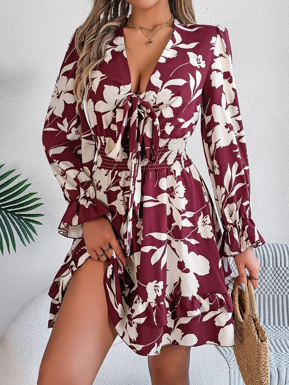 Tied Ruffled Printed Long Sleeve Dress, image 12
