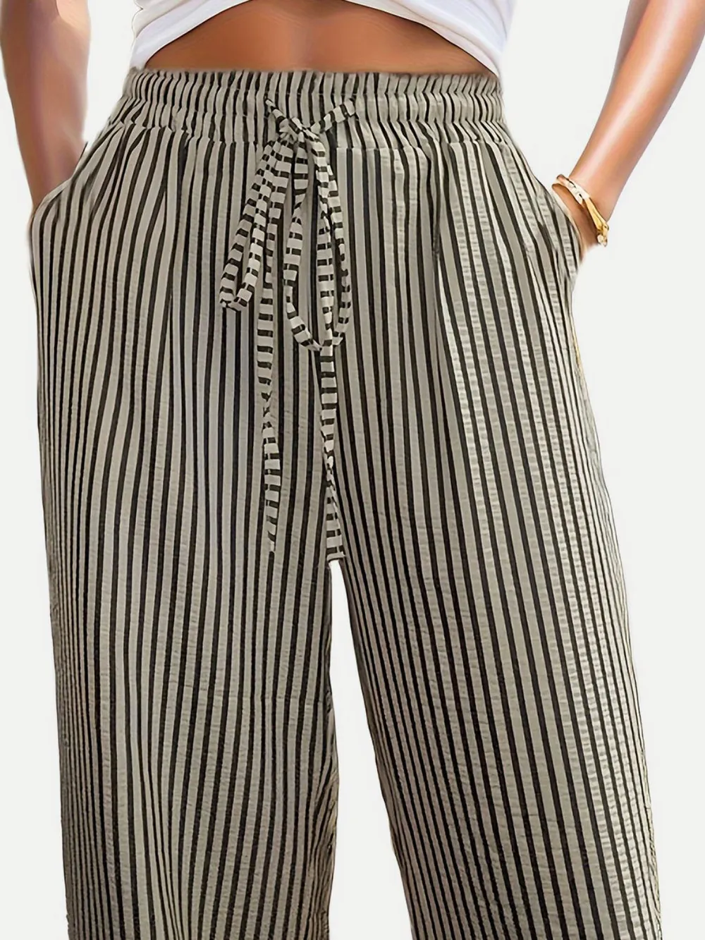 Drawstring Striped Elastic Waist Pants, image 4