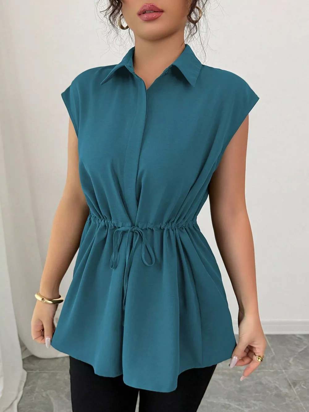 Drawstring Waist Cap Sleeve Shirt, image 30