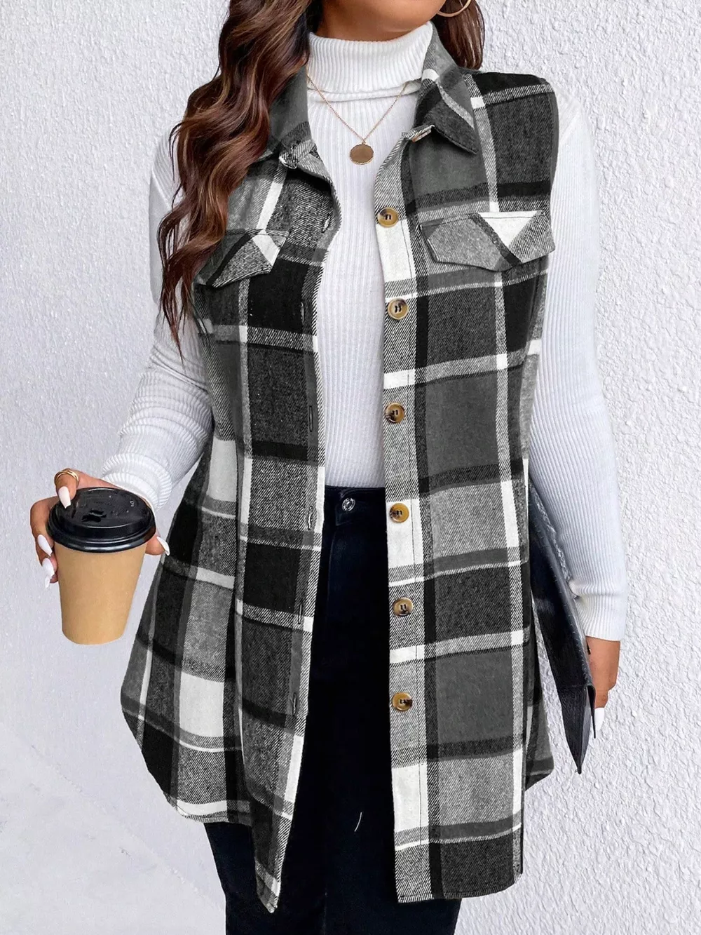Plus Size Pocketed Plaid Button Up Vest Coat, image 21