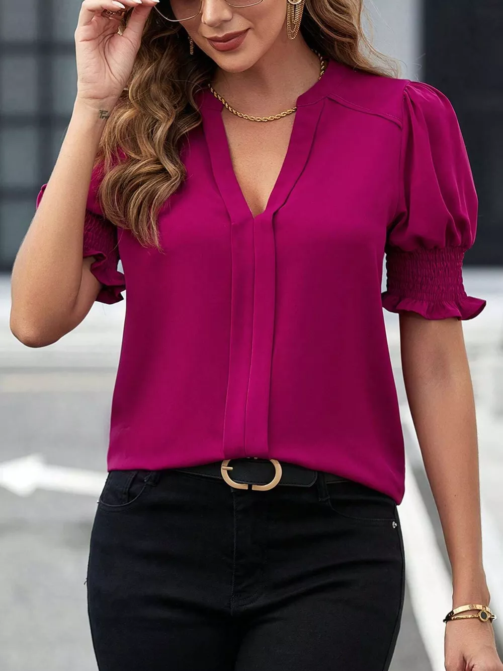 Notched Half Sleeve Blouse, image 33