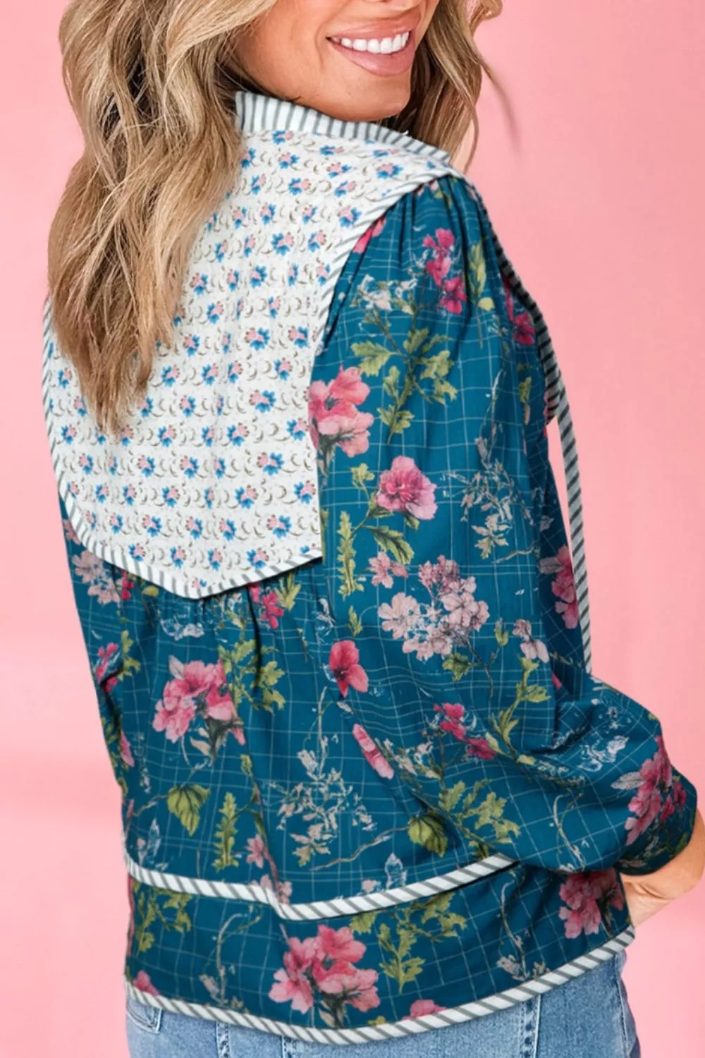 Floral Print Contrast Yoke Patchwork Striped Trim Long Puff Sleeve Blouse, image 9