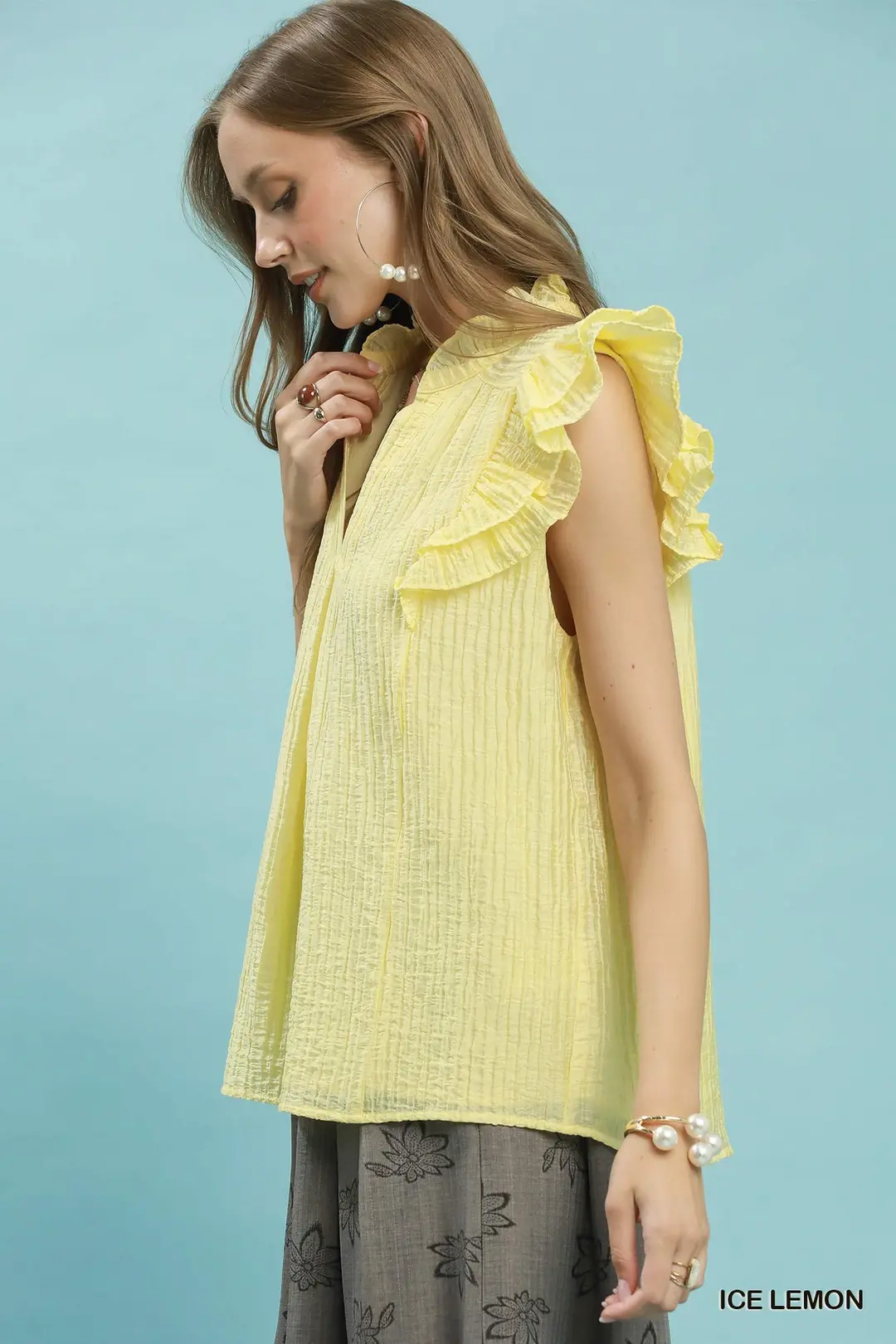 Textured Ruffle Sleeve Split V Neck Top, image 2