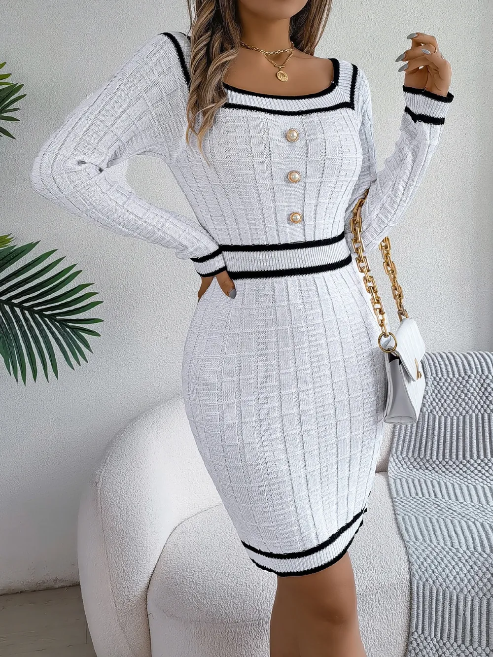 Contrast Trim Long Sleeve Sweater Dress, image 11