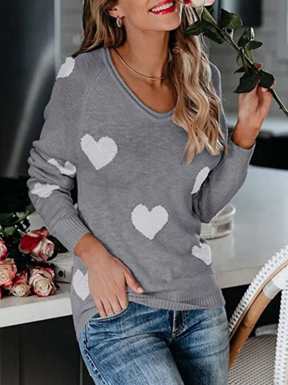Heart Scoop Neck Long Sleeve Sweater, image 17