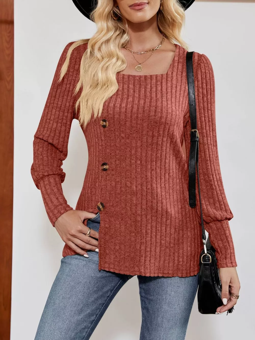 Ribbed Knit Slit Long Sleeve T-Shirt, image 3