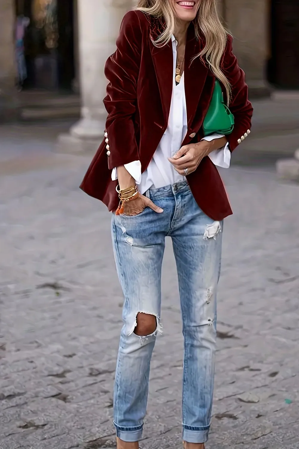 One Button Lapel Collar Long Sleeve Blazer, image 6