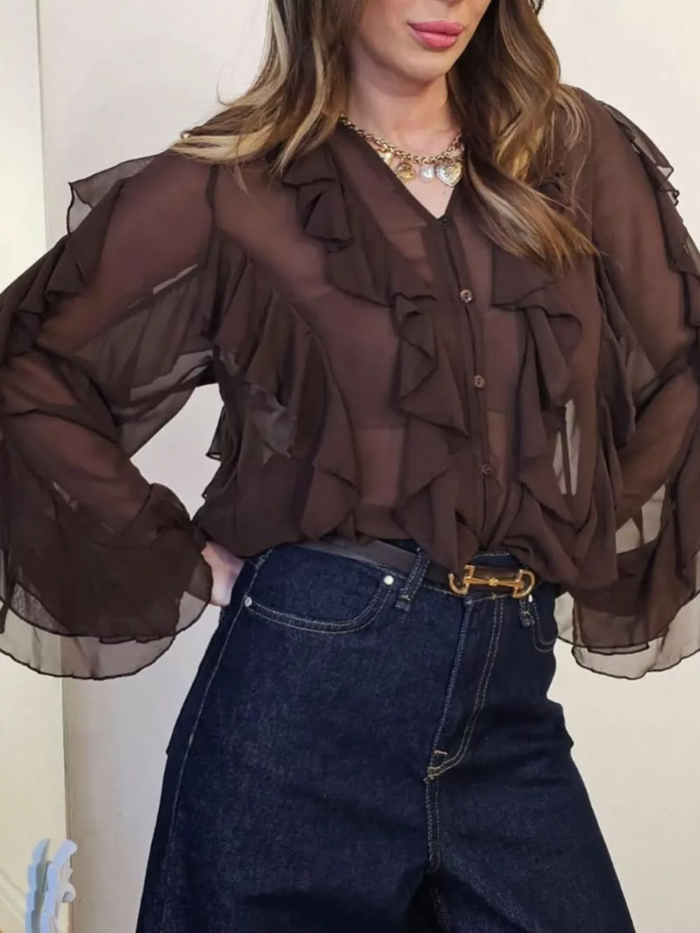 Ruffled Sheer Long Sleeve Blouse, image 31
