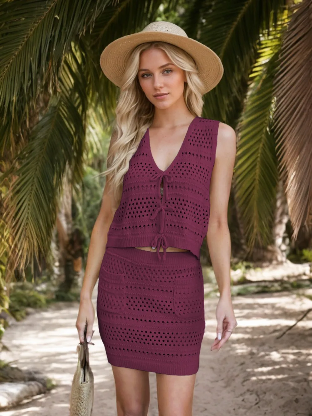 Openwork V-Neck Top and Skirt Knit Cover Up Set, image 20