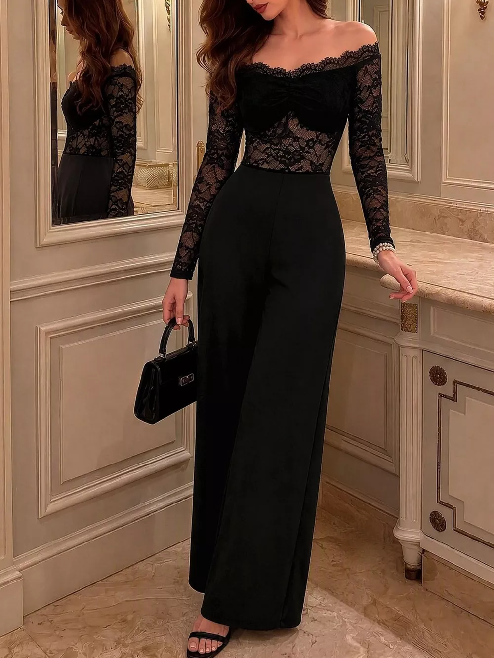 Off-Shoulder Lace Long Sleeve Wide-Leg Jumpsuit, image 4