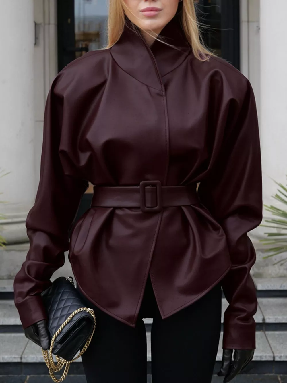 Stand Collar Belted Faux Leather Jacket, image 3