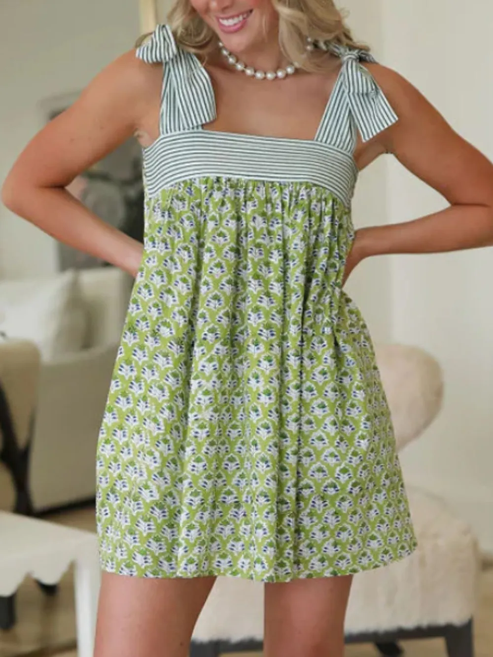Printed Square Neck Tie Shoulder Mini Dress, image 16