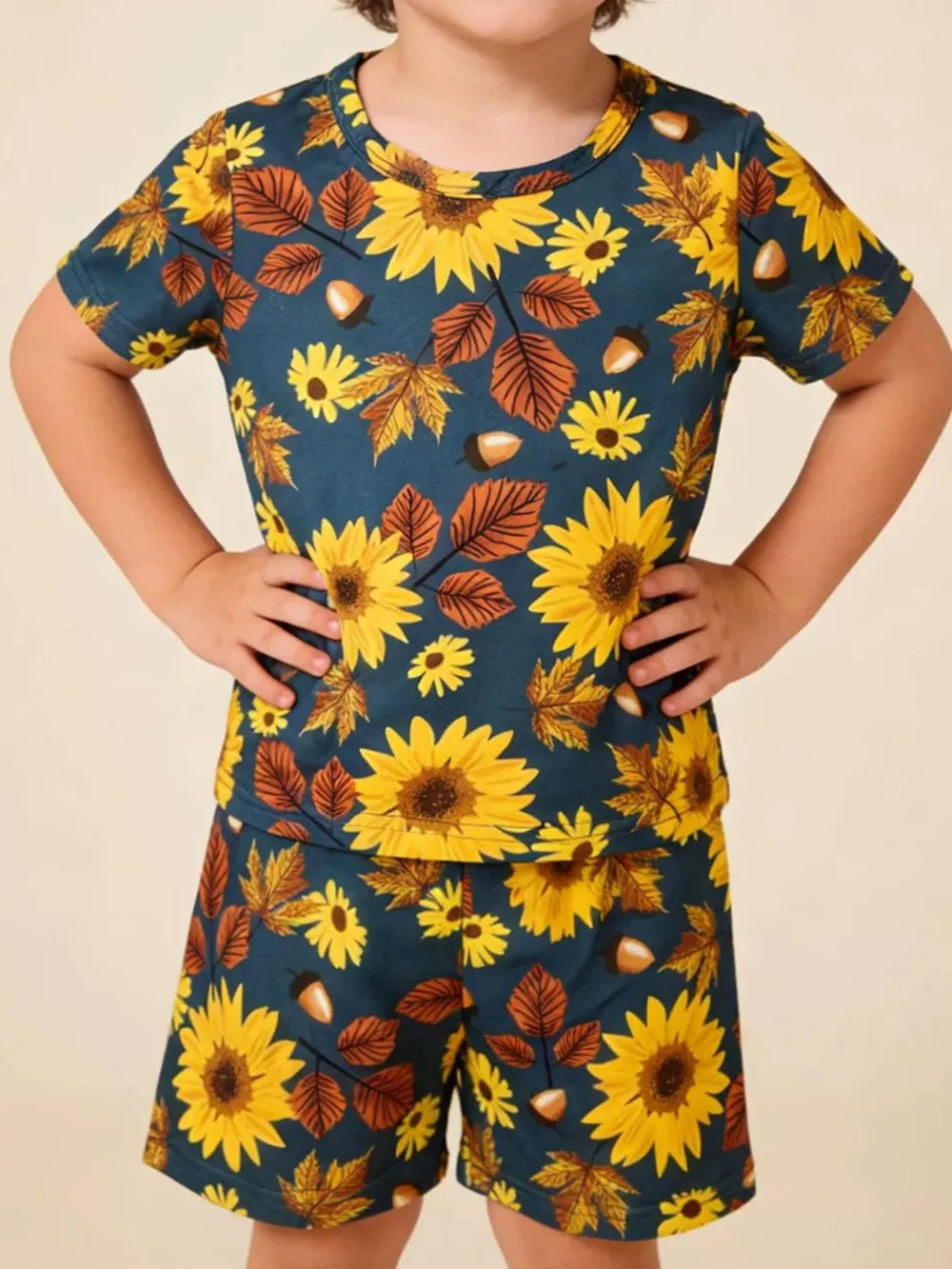Children's Sunflower & Autumn Leaves Print Tee and Shorts Set
