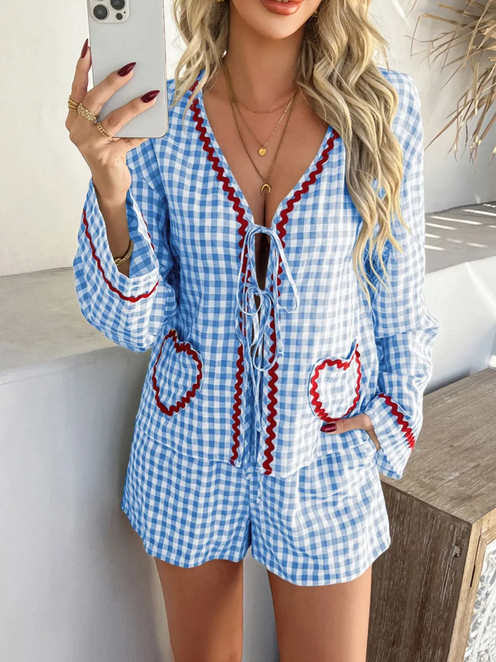 Tie Front Contrast Plaid Shirt and Shorts Set, image 14