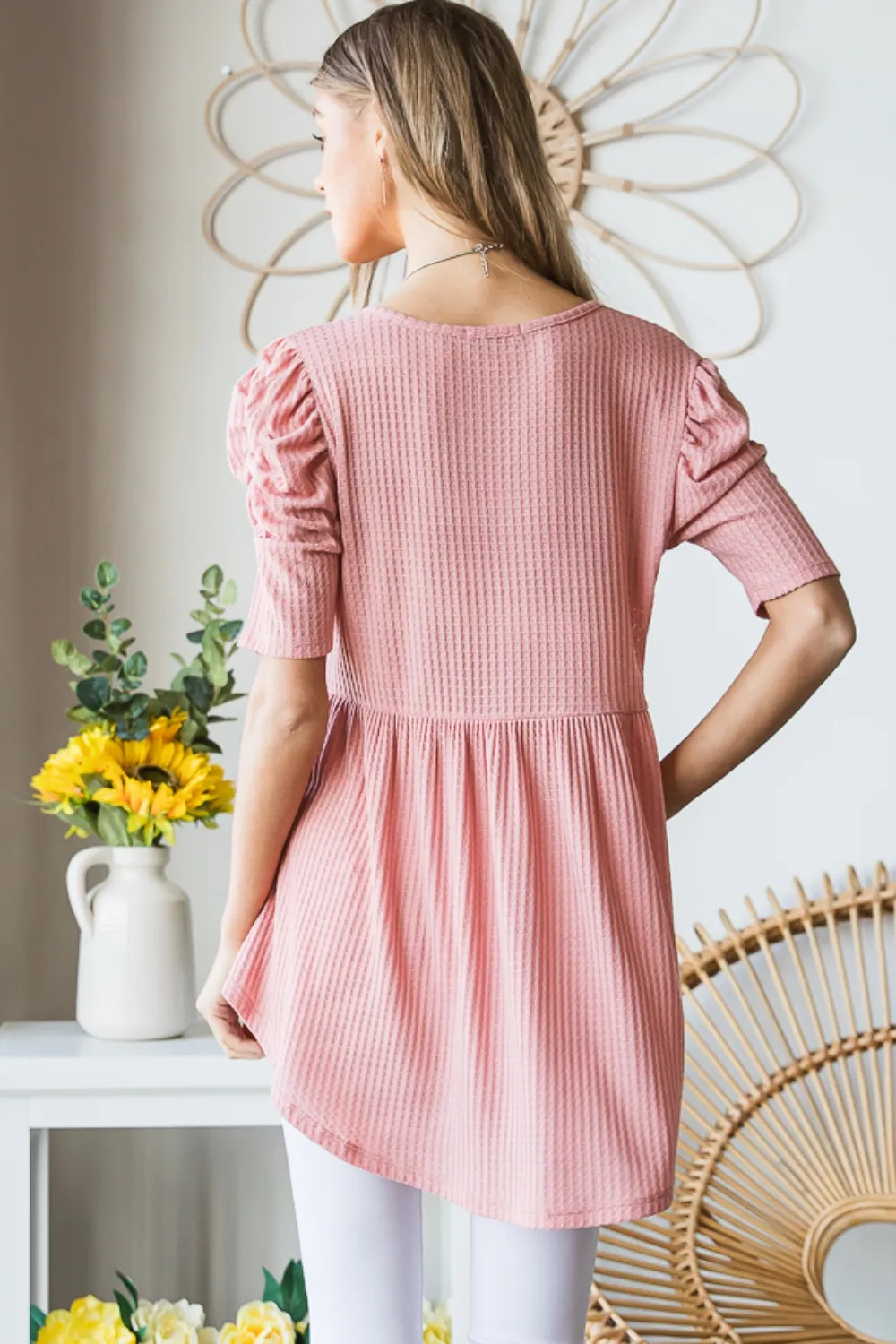 Full Size Waffle Knit V-Neck Babydoll Top, image 12