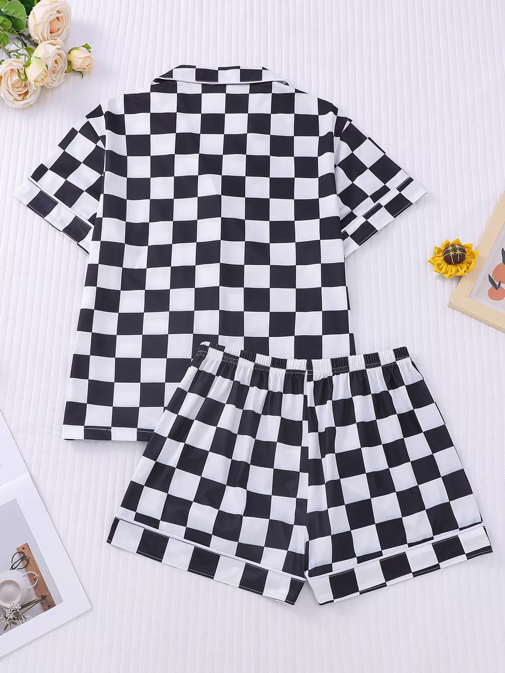 Checkered Print Button Up Top and Shorts Lounge Set, image 9