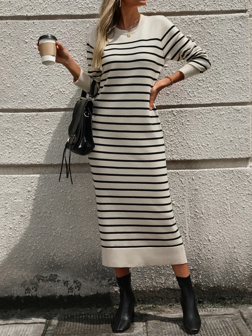 Striped Round Neck Long Sleeve Dress, image 7