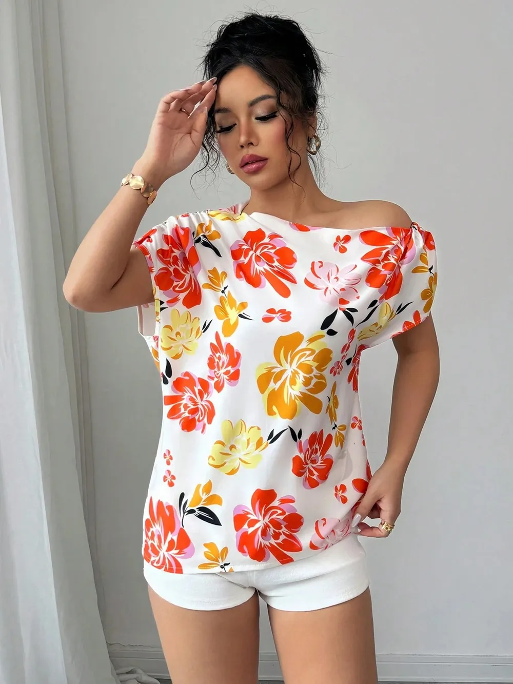 Floral Print One Shoulder Short Sleeve Blouse, image 2
