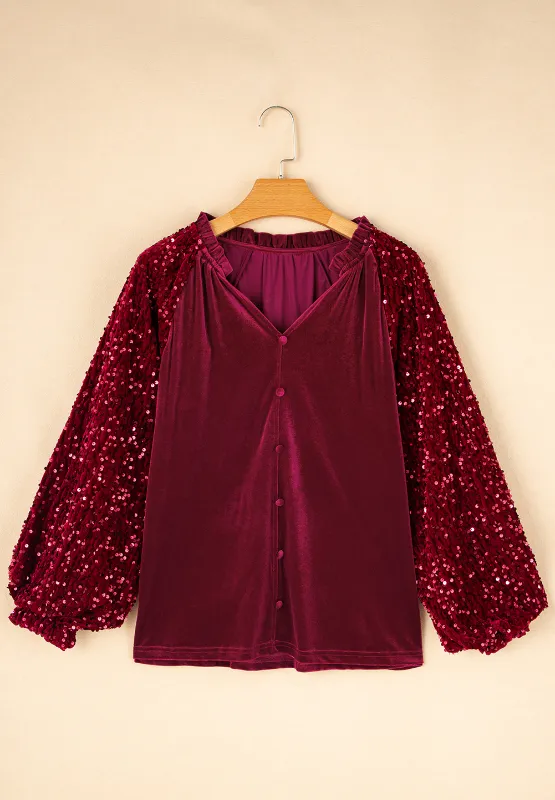 Sequin Notched Long Sleeve Blouse, image 19