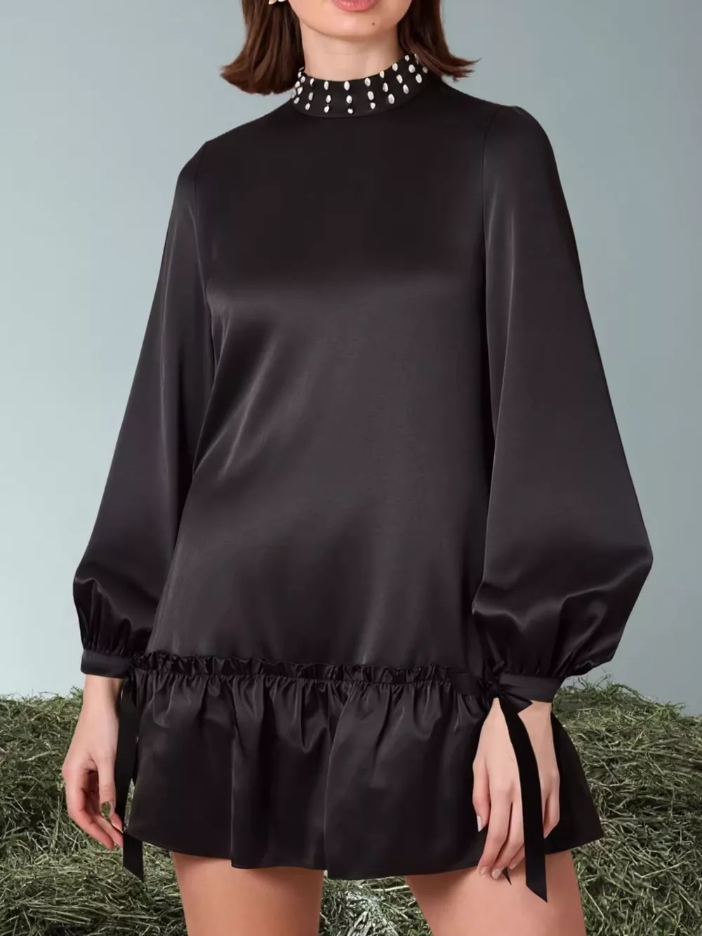 Pearl-Embellished Mock Neck Ruffle Hem Dress, image 3