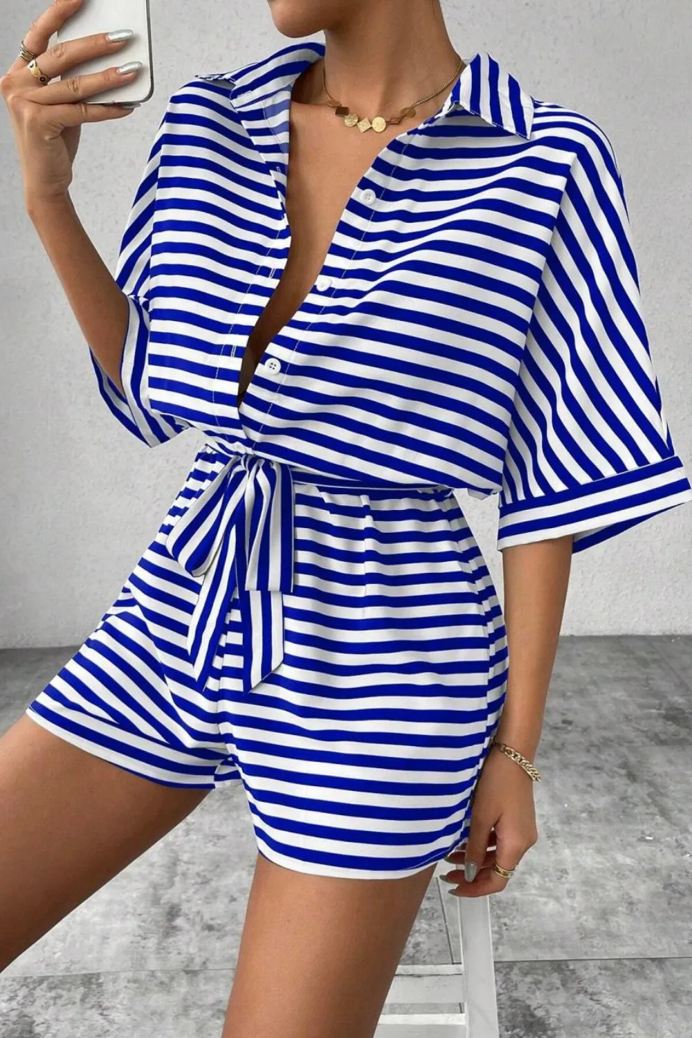 Striped Collared Neck Tie Waist Romper, image 16