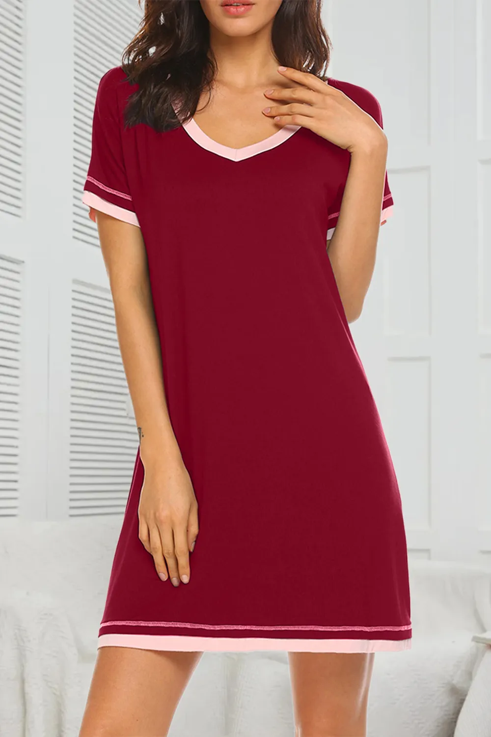 Contrast Trim Short Sleeve Lounge Dress, image 35