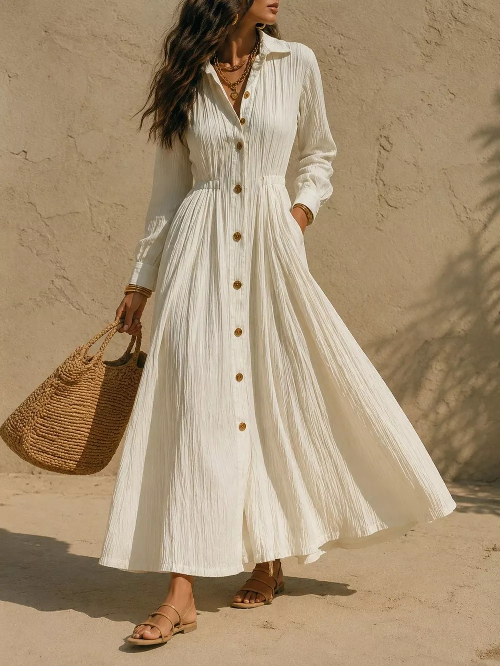 Full Size Textured Button Front Long Sleeve Maxi Dress Plus Size, image 10