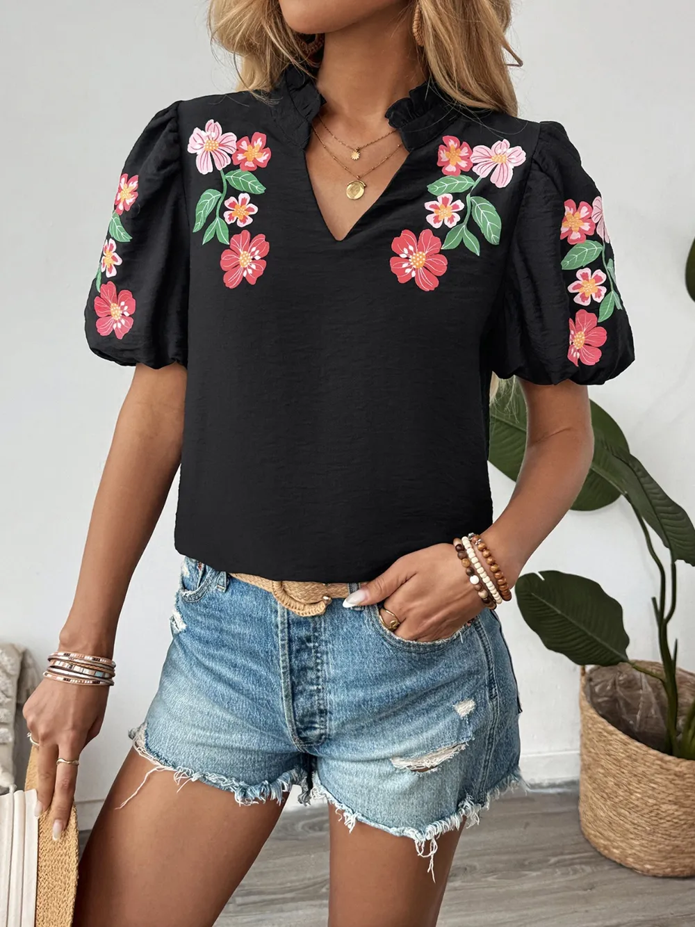 Floral Puff Sleeve Notched Blouse, image 8