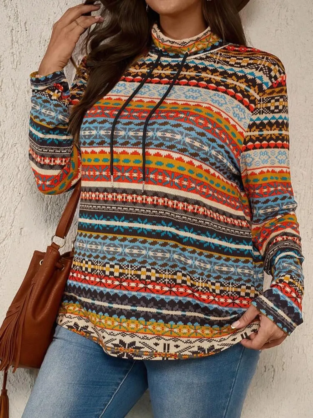 Plus Size Drawstring Printed Mock Neck Long Sleeve Top, image 3