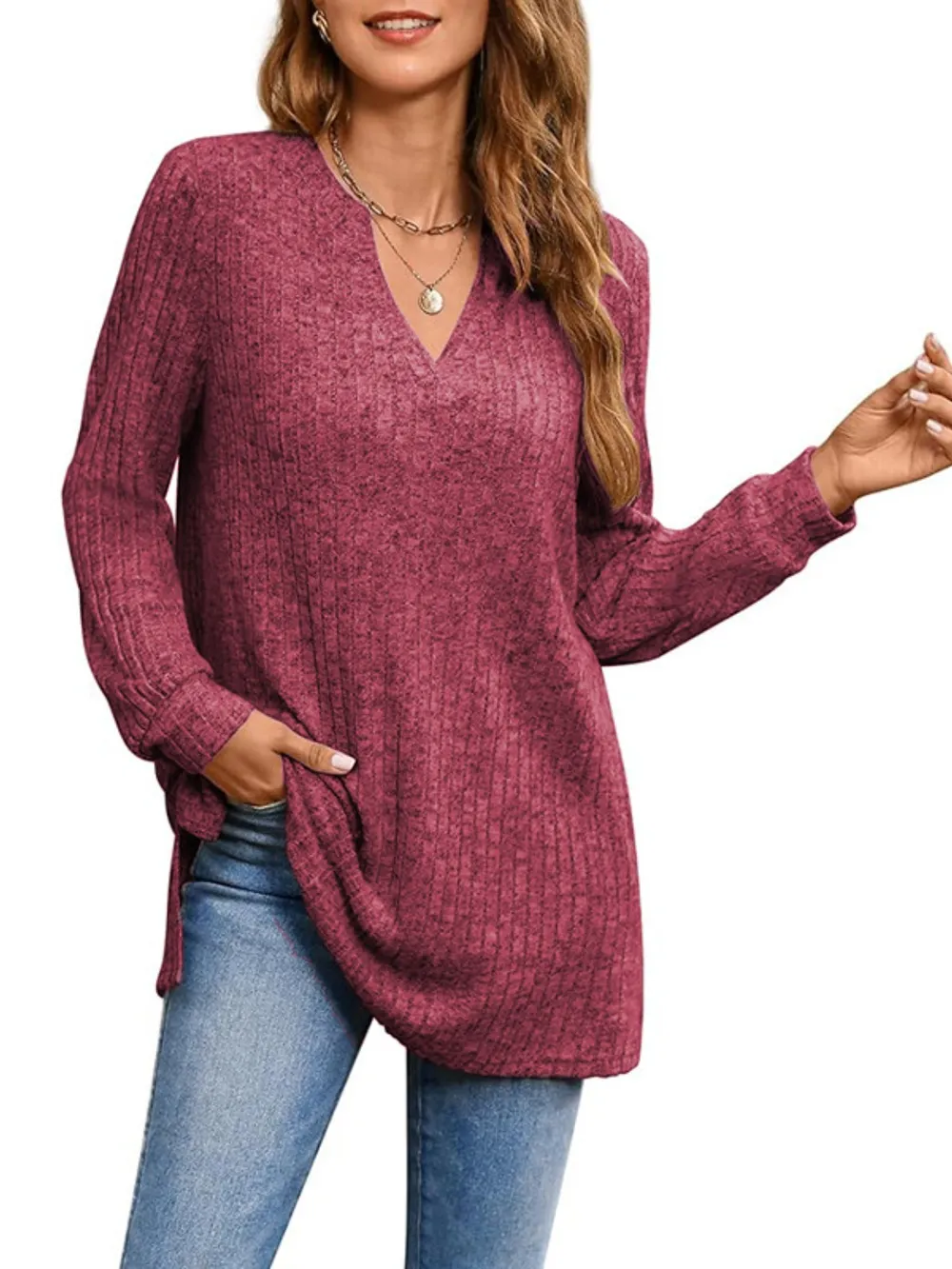 Ribbed Notched Long Sleeve T-Shirt, image 10