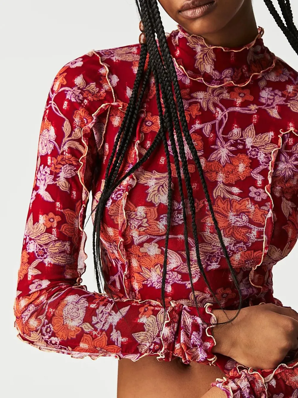 Floral Print Mock Neck Long Sleeve Top, image 8