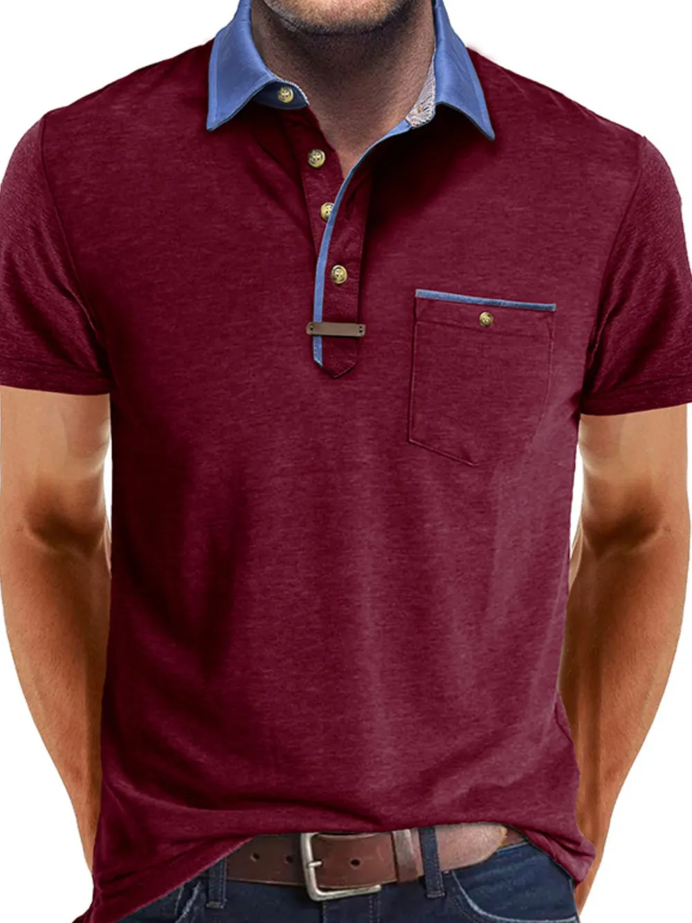 Men's Full Size Contrast Collar Pocket Polo Shirt Plus Size, image 5