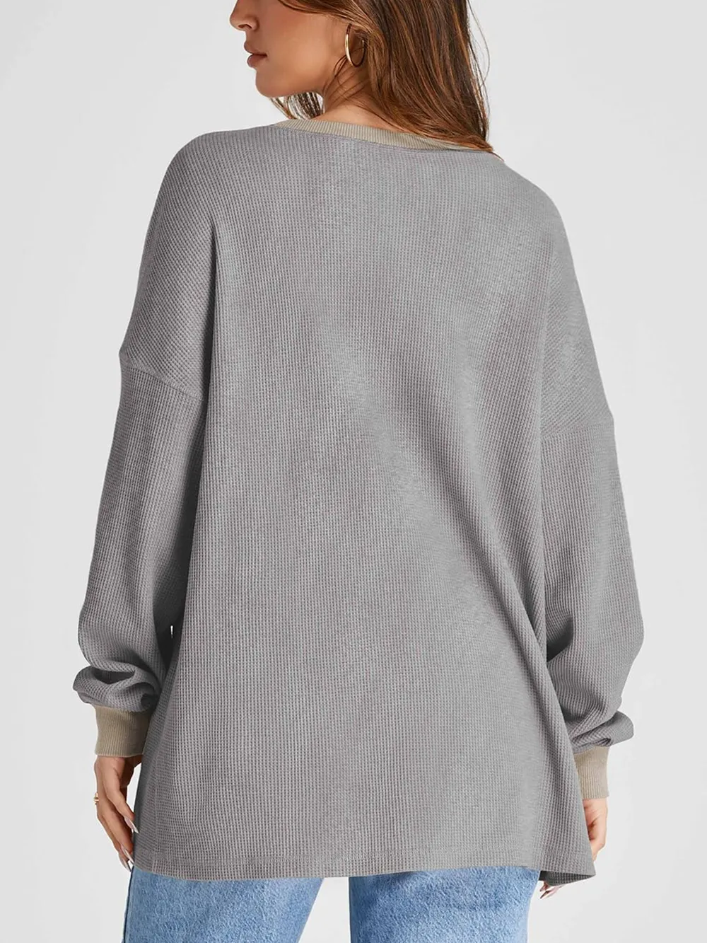 Waffle Knit Round Neck Long Sleeve T-Shirt, image 4