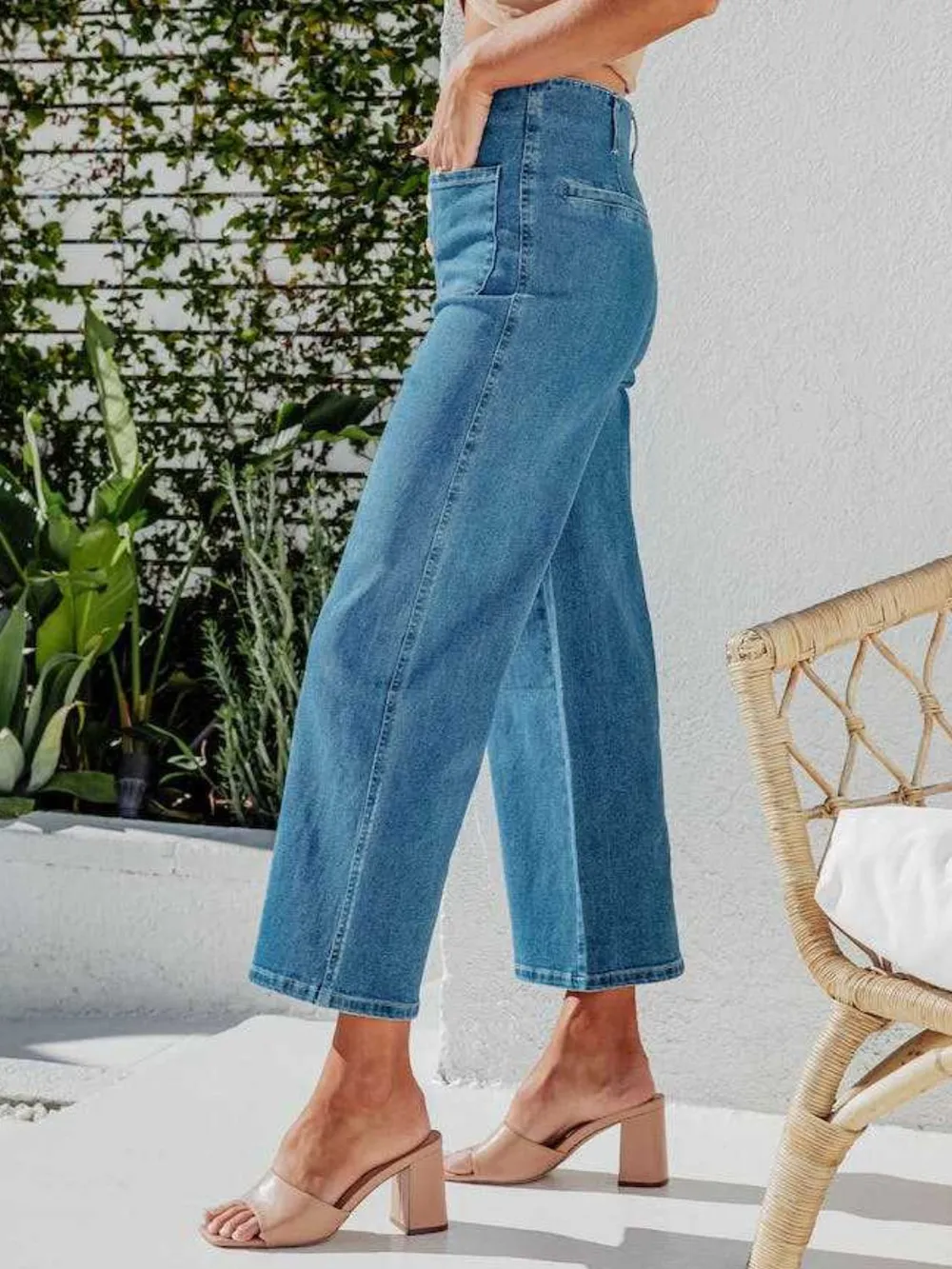 Button Fly Cropped Jeans with Pockets, image 4
