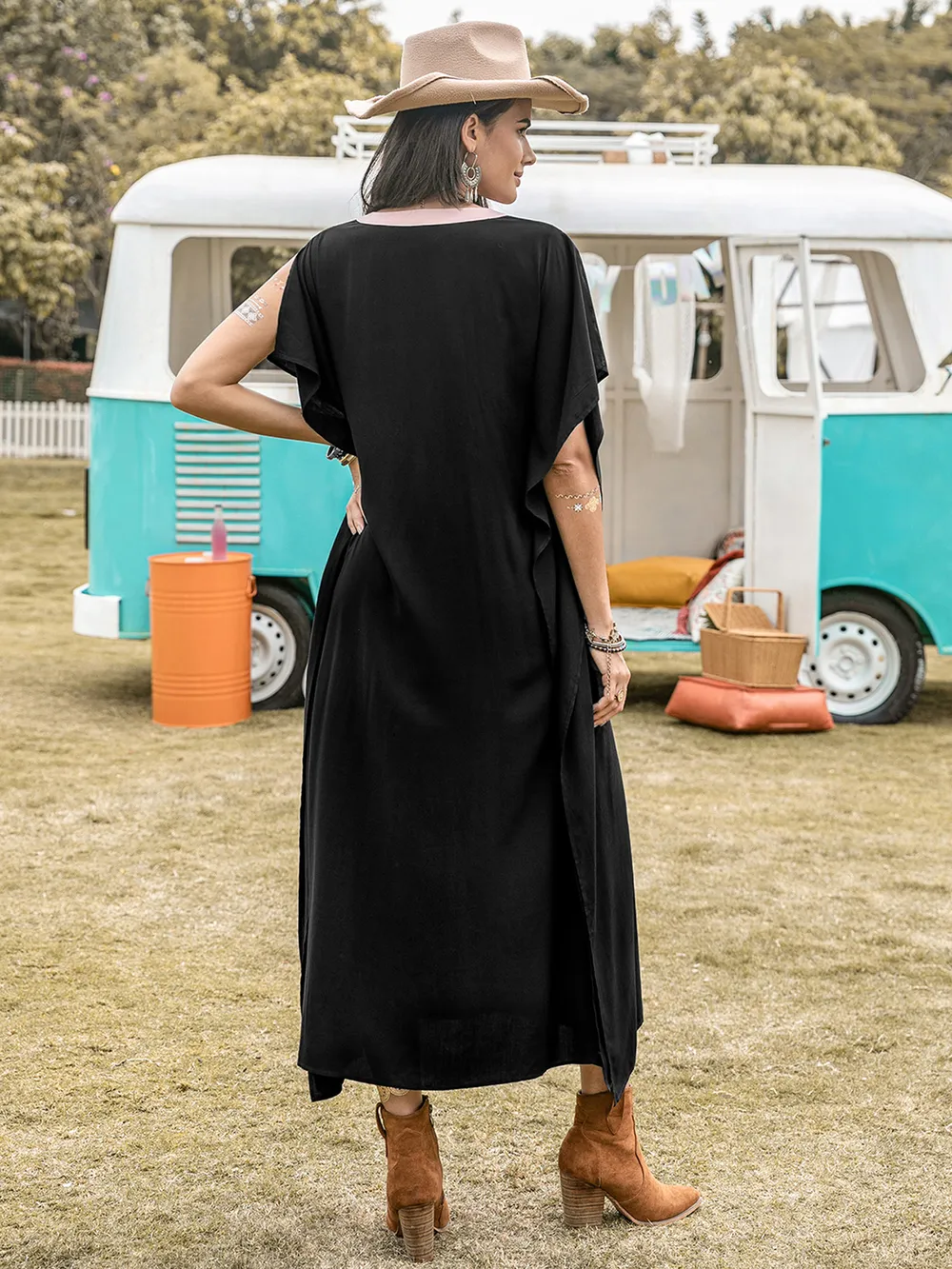 Contrast Trim Notched Slit Short Sleeve Midi Dress, image 6