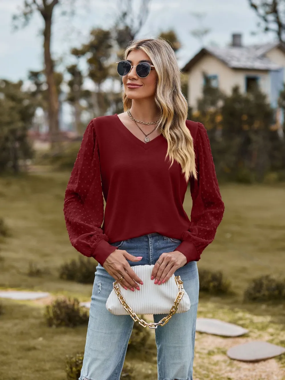 Swiss Dot V-Neck Long Sleeve Blouse, image 20