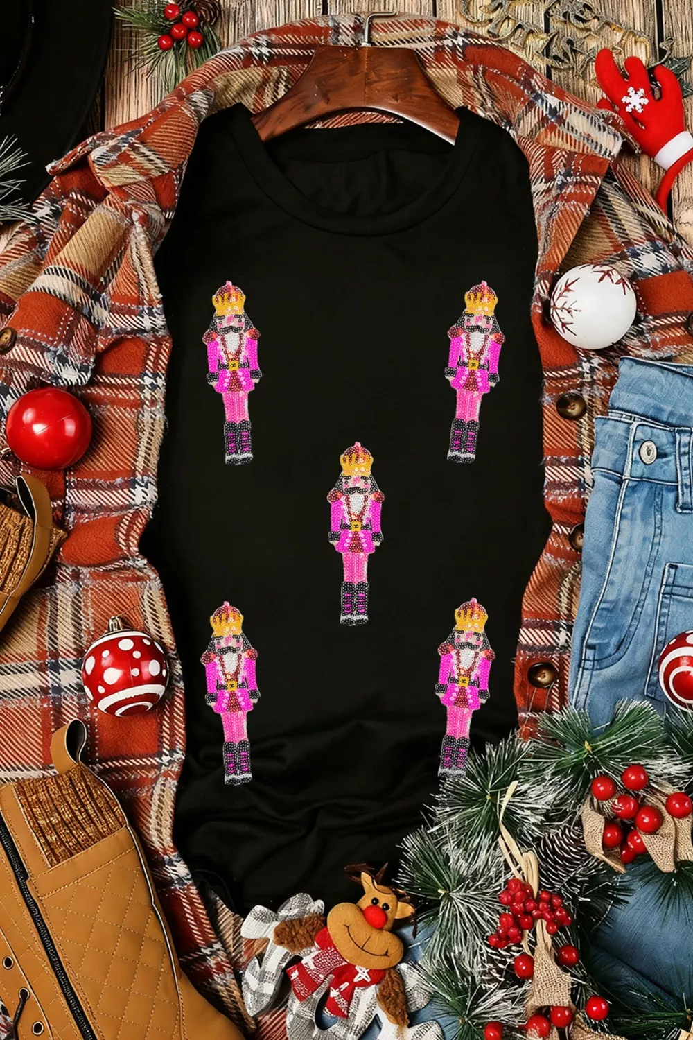 Sequin Patched Christmas Nutcracker Casual T Shirt, image 5