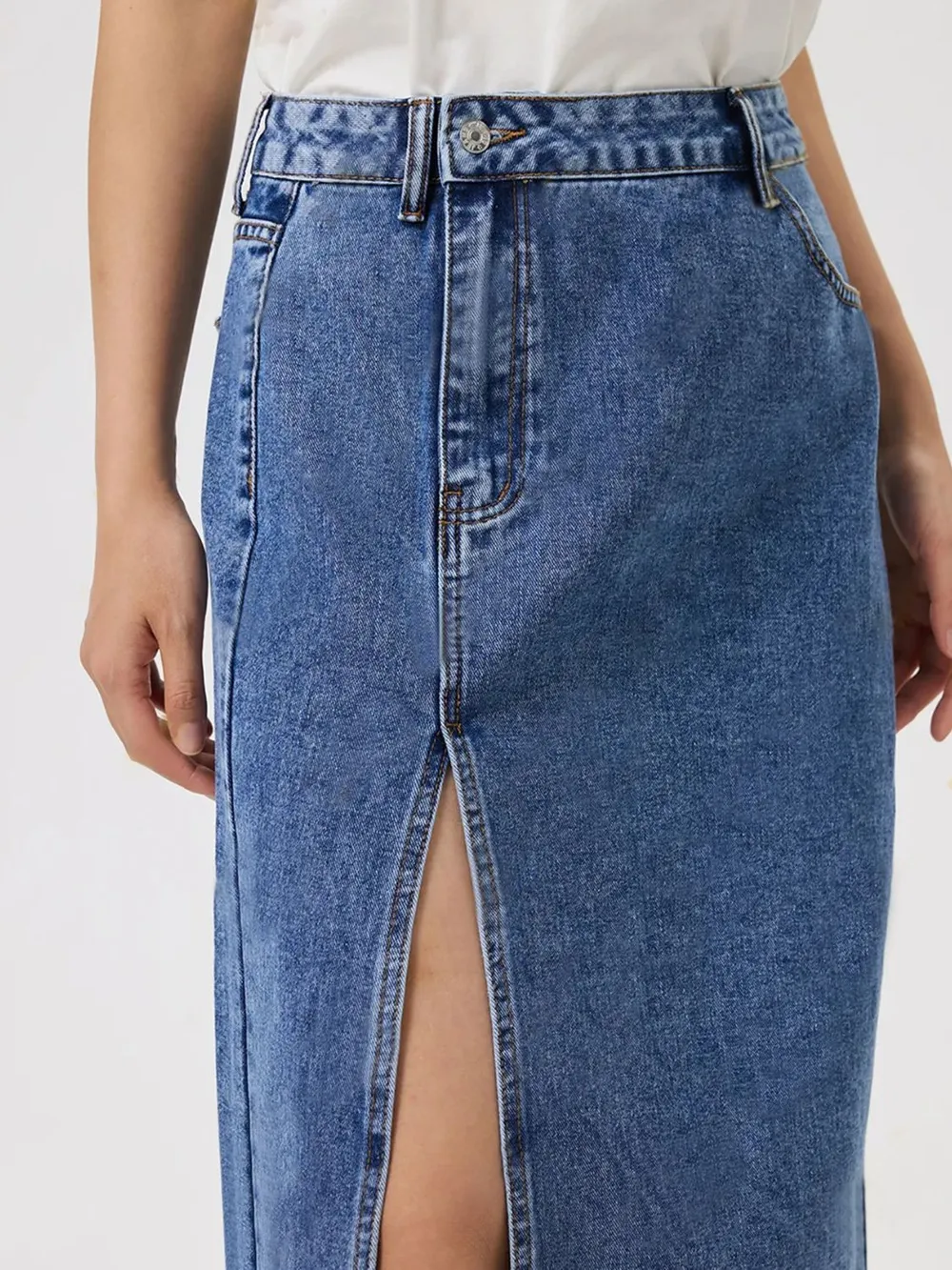 Slit Midi Denim Skirt with Pockets, image 2