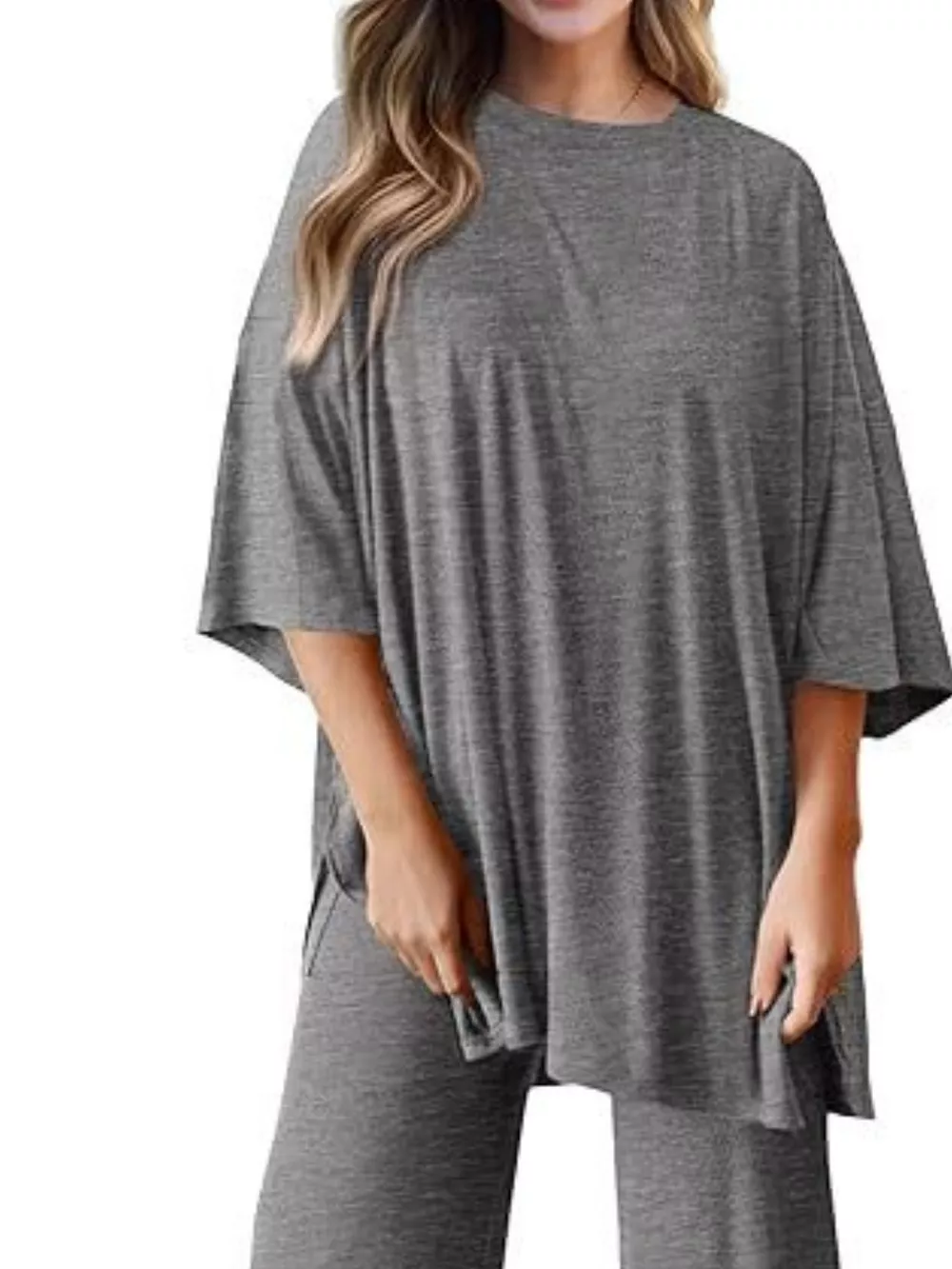Slit Round Neck Top and Pants Set, image 8