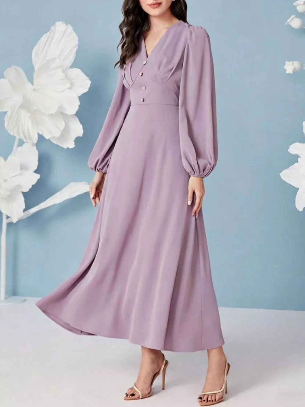 V-Neck Balloon Sleeve Maxi Dress, image 3