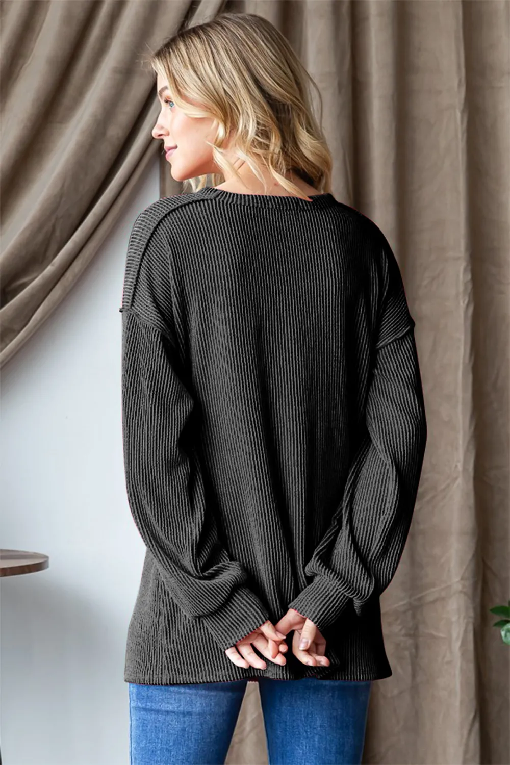 Ribbed Exposed Seam Long Sleeve T-Shirt, image 2