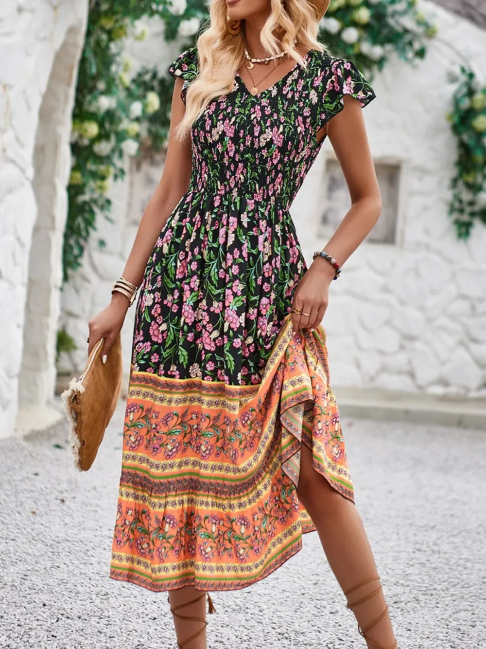 Printed Round Neck Cap Sleeve Dress, image 14