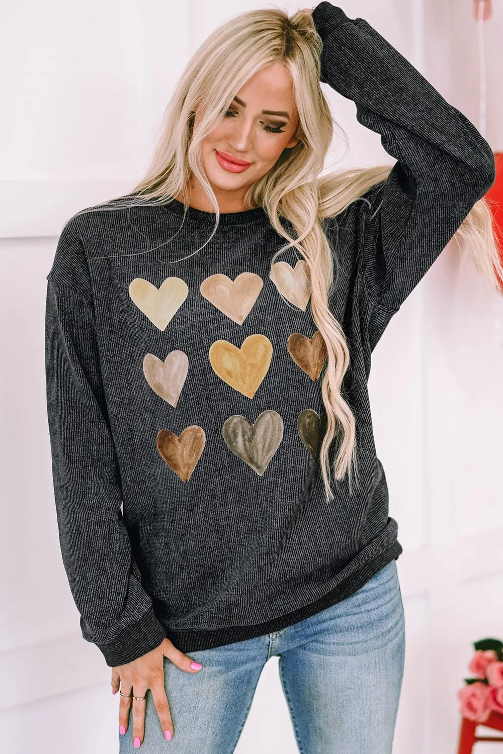 Heart Round Neck Dropped Shoulder Sweatshirt, image 8