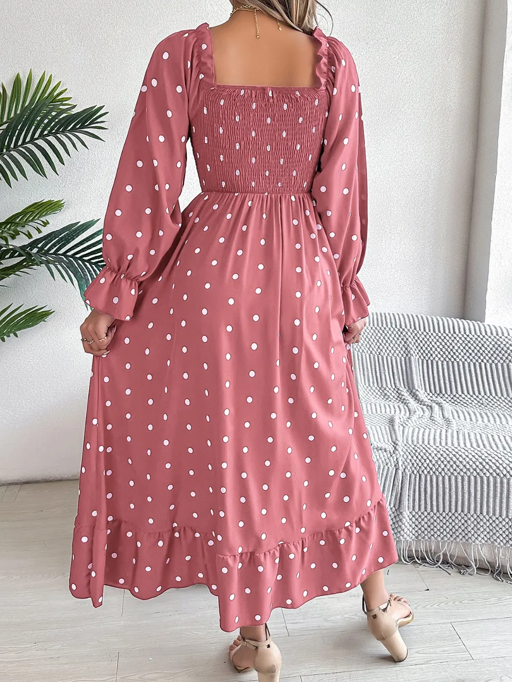 Polka Dot Flounce Sleeve Midi Dress, image 4