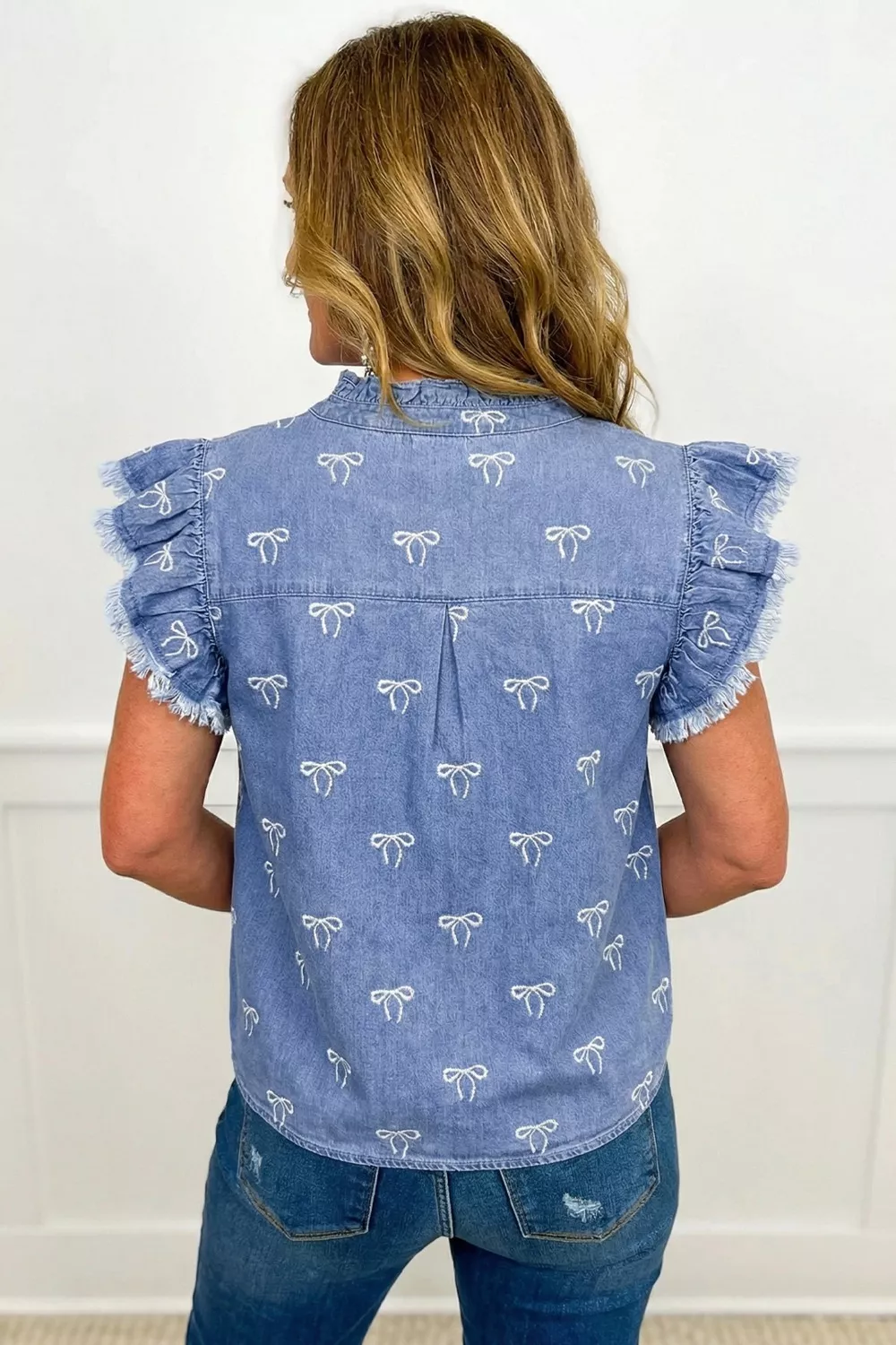 Frilled Collar Flutter Sleeve Denim Top, image 3